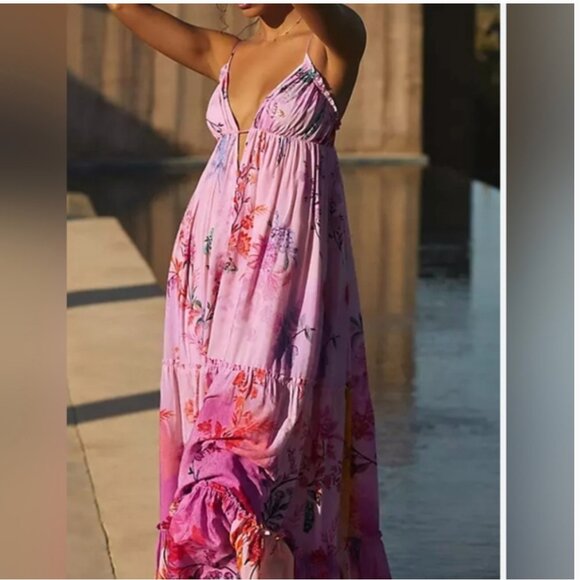 Anthropologie Alissa Tiered Maxi Dress Pink Lined size S - Picture 3 of 9